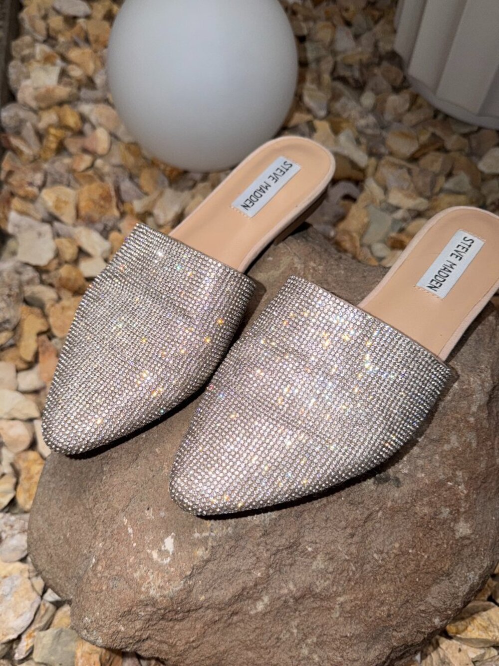 Sparkling Steve Madden Crystal Silver/Nude Pointed Slide Slip-on Mules